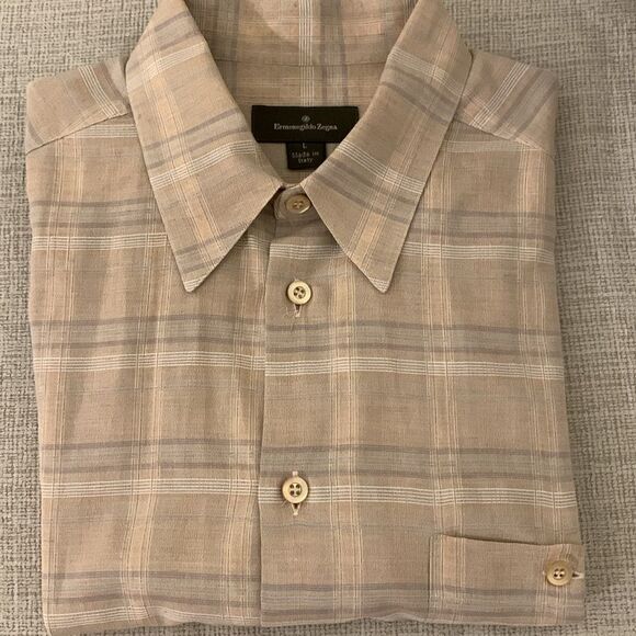Ermenegildo Zegna Men’s Short Sleeve Button Up Cotton Plaid Tan Size Large - Picture 1 of 9